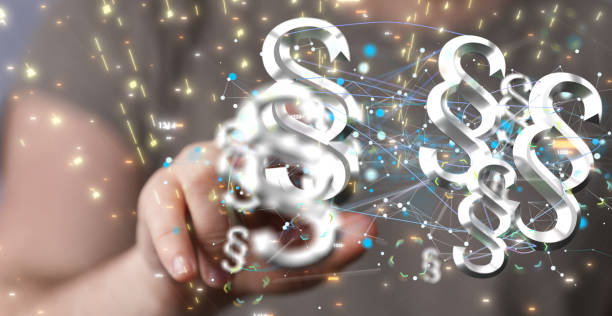 istock 3D rendering of Paragraph symbols with hand tapping on it from behind- Law and Justice concept 1453550434