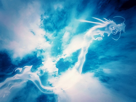 3d illustration of dragon clouds floating in the sky with religious animal concept