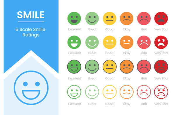 ilustraciones, imágenes clip art, dibujos animados e iconos de stock de smile rating experiencia del cliente con 6 símbolos concept icon set collection pack con estilo plano moderno - 1818