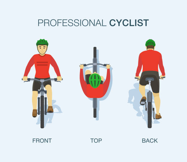 ilustraciones, imágenes clip art, dibujos animados e iconos de stock de ciclista profesional. vista delantera, trasera y superior de la bicicleta. - vehículo particular terrestre