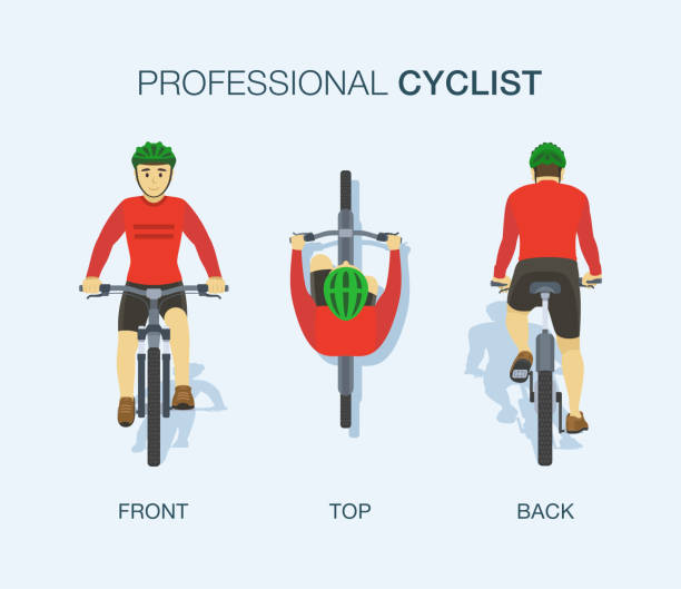 ilustrações, clipart, desenhos animados e ícones de ciclista profissional. vista frontal, traseira e superior da bicicleta. - veículo terrestre pessoal
