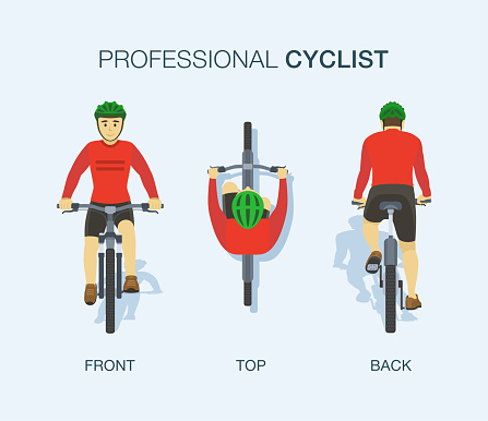 Professional cyclist. Front, back and top view of bicycle. Flat vector illustration template.