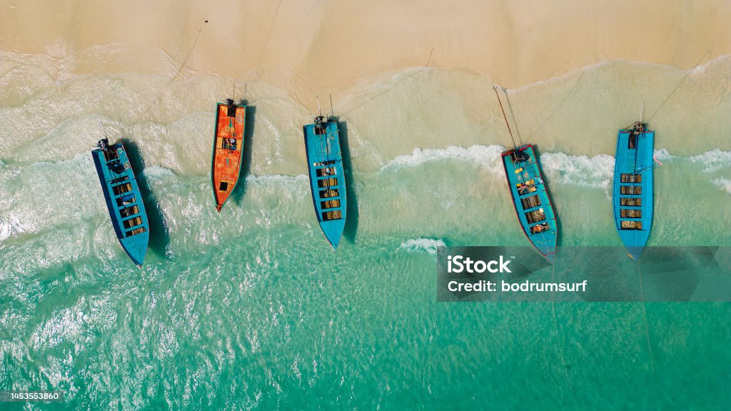 Longtail boats. Aerial view of longtail boats from the sky. Island Stock Photo