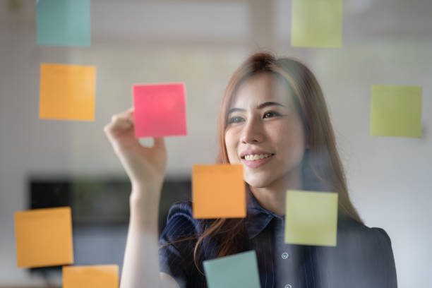 istock Confident businesswoman planning while looking at adhesive notes stuck on a glass wall. 1453556277