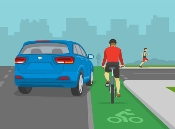 ilustraciones, imágenes clip art, dibujos animados e iconos de stock de seguridad en bicicleta. el coche suv azul está girando a la derecha frente al ciclista en el carril bici. evita el gancho derecho. - rebasar