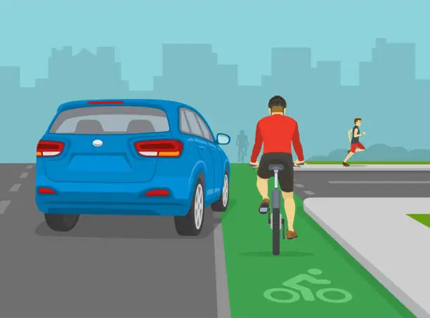 Vector illustration of Safety bicycle driving. Blue suv car is turning right in front of cyclist on bike lane. Avoid the right hook.