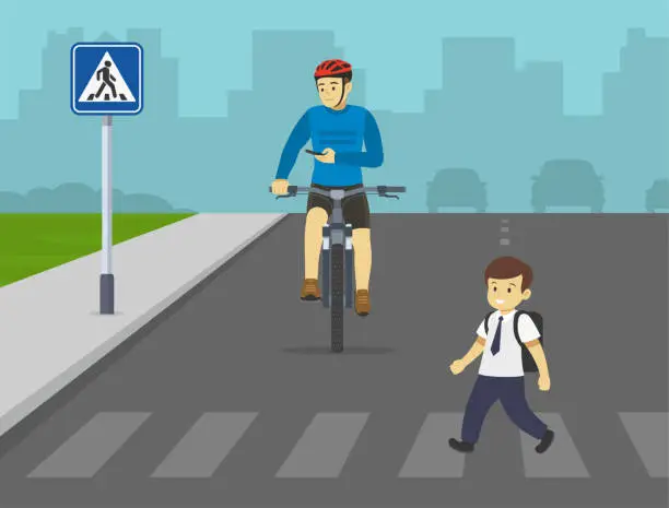 Vector illustration of Cyclist is about to hit schoolboy while looking at phone on city road. Young boy crossing the road on crosswalk.