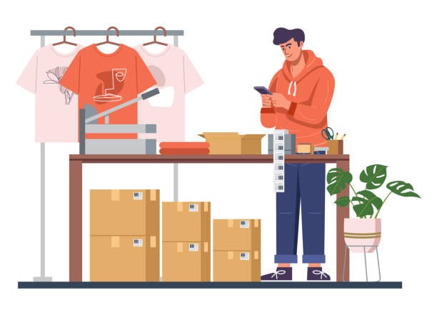 Online business owner packing product orders EPS 10 small business owner on computer stock illustrations