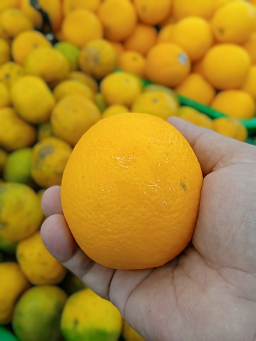 Gran fruta naranja sostenida por la mano derecha del hombre asiático photo