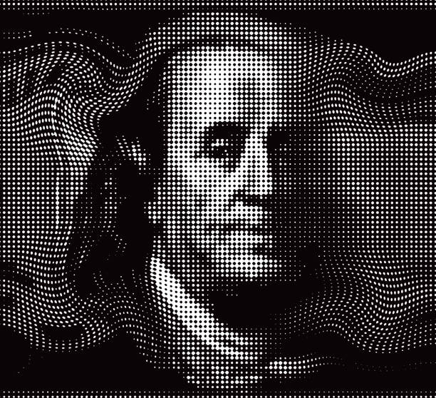 ilustraciones, imágenes clip art, dibujos animados e iconos de stock de vector punto de medio tono de benjamin franklin face - billete de cien dólares estadounidenses