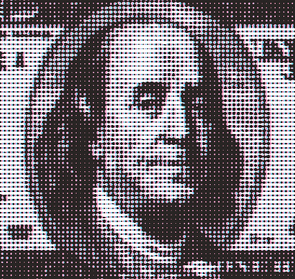 Half tone dot vector of Benjamin Franklin Face with Glitch Technique