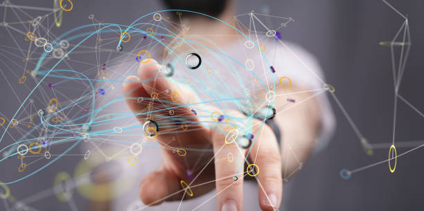 istock 3D rendering of abstract neural network icons with hand tapping on it from behind-global network 1453567310