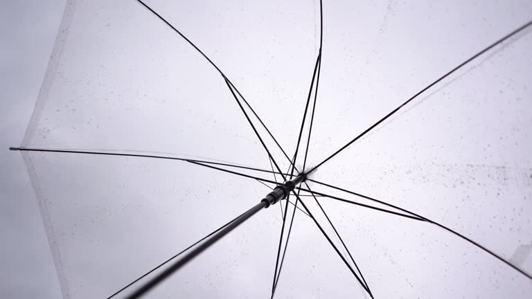 Closeup slow motion shot of the inside part of rotating white umbrella with raindrops