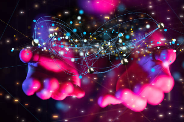 istock 3D rendering of abstract neural network icons with hand tapping on it from behind-global network 1453567600