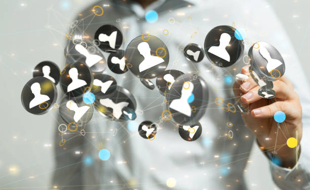 istock 3D rendering of human icons with hand tapping on it from behind-internet communication concept 1453567616