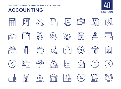 Accounting Line Icon Set contains such icons as Spreadsheet, Accounting Ledger, Tax, Loan, Calculator, Credit Card, Revenue and so on.

Pixel Perfect, Editable Stroke, Customizable stroke width, adjustable colors.