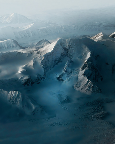 An aerial view of snowy Svalbard