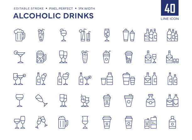 Alcohol Drinks Line Icon Set contains Beer Glass, Vodka, Whiskey bottle, Cognac, Wine glass, Champagne and so on icons. Alcohol Drinks Line Icon Set contains such icons as Beer, Vodka, Whiskey, Cognac, Wine, Champagne and so on.

Pixel Perfect, Editable Stroke, Customizable stroke width, adjustable colors. cocktail wine bottle glass alcohol stock illustrations