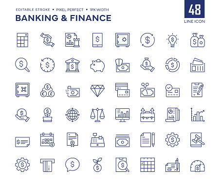 Banking And Finance Line Icon Set contains such icons as Calculator, Financial Loan, Bank Safe, Bank, Piggy Bank, Financial Report and so on.

Pixel Perfect, Editable Stroke, Customizable stroke width, adjustable colors.