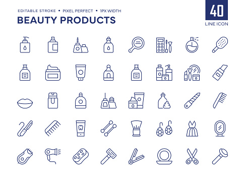 Beauty Products Line Icon Set contains such icons as Eyeliner, Lipstick, Make Up, Mascara, Comb, Perfume, Cream, Hair Straightener and so on.

Pixel Perfect, Editable Stroke, Customizable stroke width, adjustable colors.