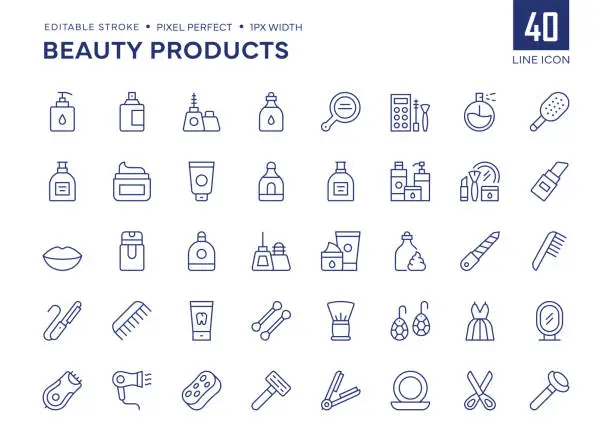 Vector illustration of Beauty Products Line Icon Set contains Eyeliner, Lipstick, Make Up, Mascara, Comb, Perfume, Cream, Hair Straightener and so on icons.