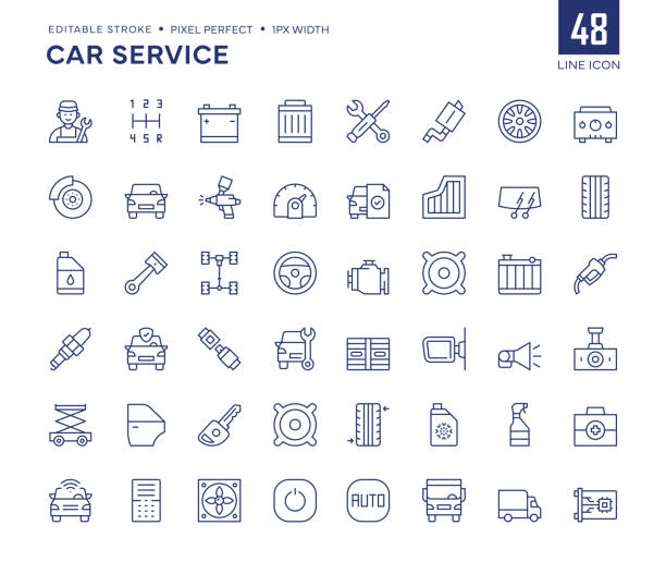 zestaw ikon linii serwisowej samochodu zawiera ikony mechanika, hamulca, akumulatora, koła, podwozia, konserwacji, tłoka i tak dalej. - auto repair shop stock illustrations