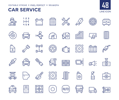 Car Service Line Icon Set contains such icons as Mechanic, Brake, Battery, Wheel, Chassis, Maintenance, Piston and so on.

Pixel Perfect, Editable Stroke, Customizable stroke width, adjustable colors.