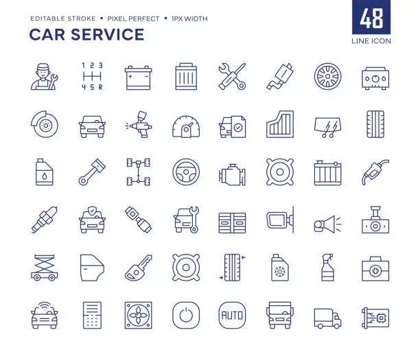 Vector illustration of Car Service Line Icon Set contains Mechanic, Brake, Battery, Wheel, Chassis, Maintenance, Piston and so on icons.