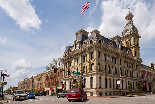 Wooste, United States – August 16, 2019: The historic Wayne County Courthouse in Wooster, Ohio