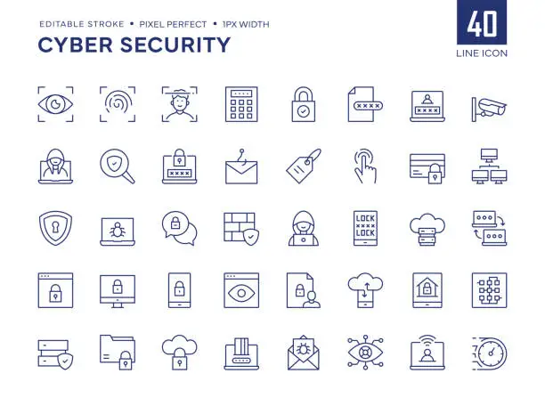 Vector illustration of Cyber Security Line Icon Set contains Hacker, Firewall, Face ID, Fingerprint, Antivirus, Phishing and etc. icons.