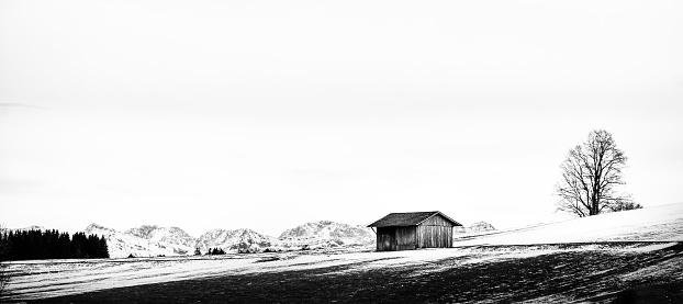 A mesmerizing view of a perfect white snow-covered field with a hut and leafless trees in winter