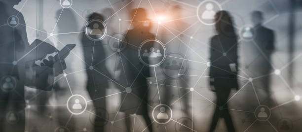 istock Social media. People relation and organization structure. Business and communication technology concept. Background with silhouettes 1453570810