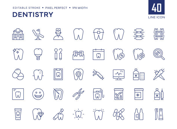 zestaw ikon linii dentystycznej zawiera ikony kliniki dentystycznej, fotela dentystycznego, dentysty, zęba, medycyny i tak dalej. - dentist dentist office human teeth dental equipment stock illustrations