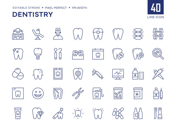 набор иконок линии стоматологии содержит иконы стоматологической клиники, стоматологического кресла, стоматолога, зуба, медицины и т. д. - dentist office stock illustrations