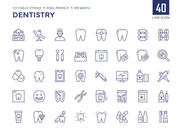 Vector illustration of Dentistry Line Icon Set contains Dental Clinic, Dentist Chair, Dentist, Tooth, Medicine, and so on icons.