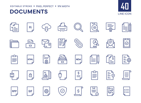 Documents Line Icon Set contains such icons as Contract, Shredder, Archive, Paperwork, Report, Certificate and so on.

Pixel Perfect, Editable Stroke, Customizable stroke width, adjustable colors.