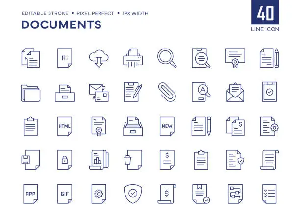 Vector illustration of Documents Line Icon Set contains Shredder, Archive, Paperwork, Report, Certificate and so on icons.