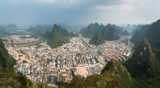 An aerial view of Yangshuo city-county town, beautiful karst mountain scenery, China