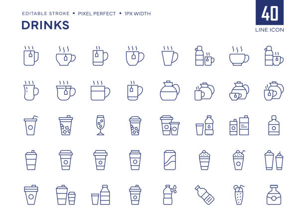 음료 라인 아이콘 세트에는 차, 커피, 주전자, 커피 포트, 소다, 알코올, 테이크 아웃 커피 등이 포함되어 있습니다. - cup coffee pot coffee coffee cup stock illustrations