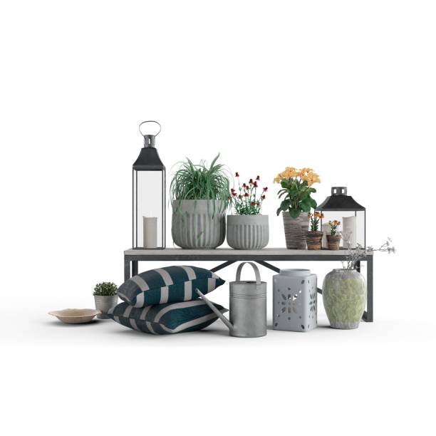 istock Flower pots on the table with garden instruments on the white background 1453571561