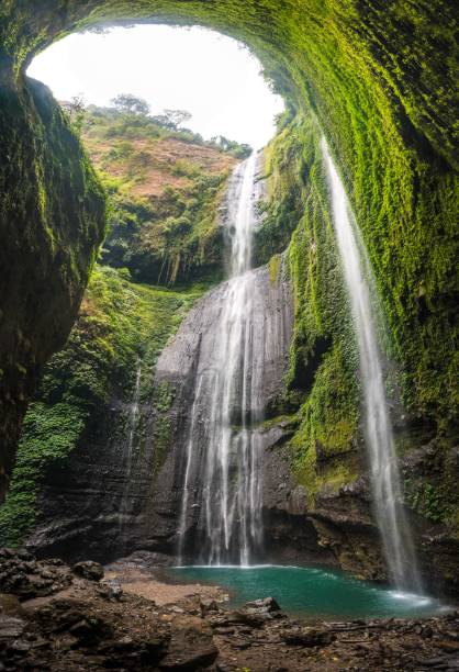istock Vertical shot of a beautiful waterfall in a small cave covered in green moss 1453571761