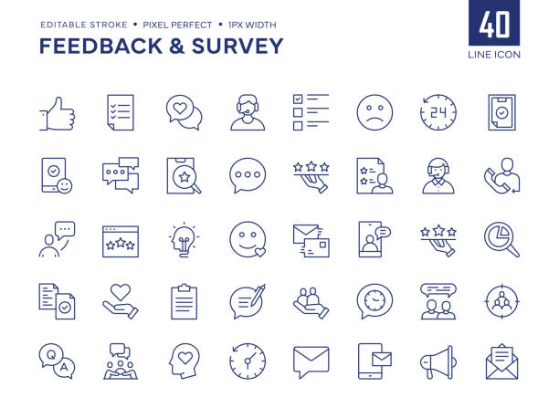 stockillustraties, clipart, cartoons en iconen met feedback and survey line icon set contains rating, questions, thumbs up, surveyor, questionnaire, testimonials, customer reviews, audience and so on icons. - tevredenheid