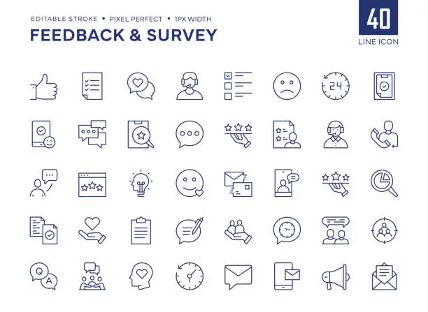 Vector illustration of Feedback And Survey Line Icon Set contains Rating, Questions, Thumbs Up, Surveyor, Questionnaire, Testimonials, Customer Reviews, Audience and so on icons.