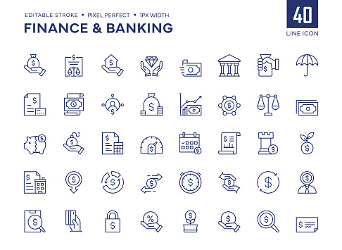 Finance And Banking Line Icon Set contains such icons as Financial Loan, Balance Sheet, Bank Building, Risk Management, Revenue, Investment, Cash Flow and so on.

Pixel Perfect, Editable Stroke, Customizable stroke width, adjustable colors.