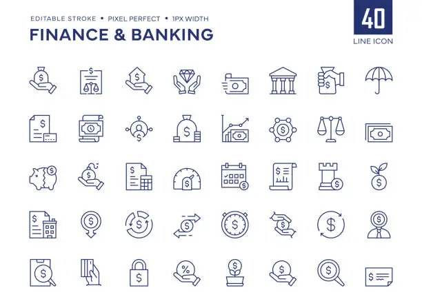 Vector illustration of Finance And Banking Line Icon Set contains Financial Loan, Balance Sheet, Bank Building, Risk Management, Revenue, Investment, Cash Flow and so on icons.