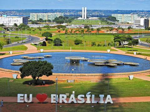 Brasilia, Brazil – March 28, 2016: A beautiful view shot of Brasilia city center is seen from the Television Tower with a view of the esplanade of ministers and the national congress