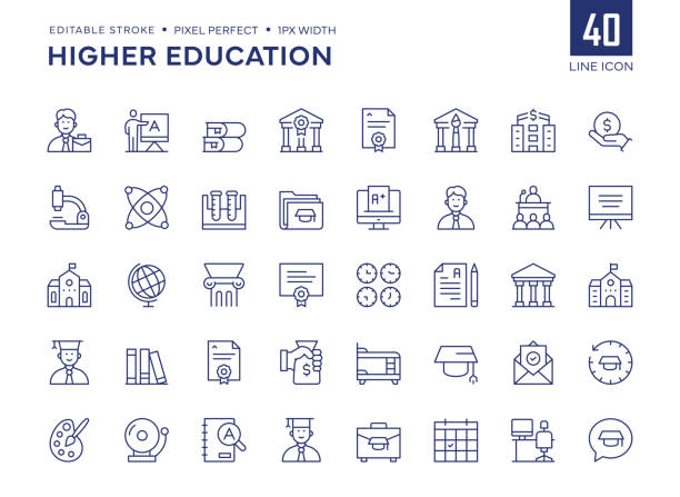 stockillustraties, clipart, cartoons en iconen met higher education line icon set contains university, master degree, professor, part time job, student, mortarboard, graduation and so on icons. - universitair docent
