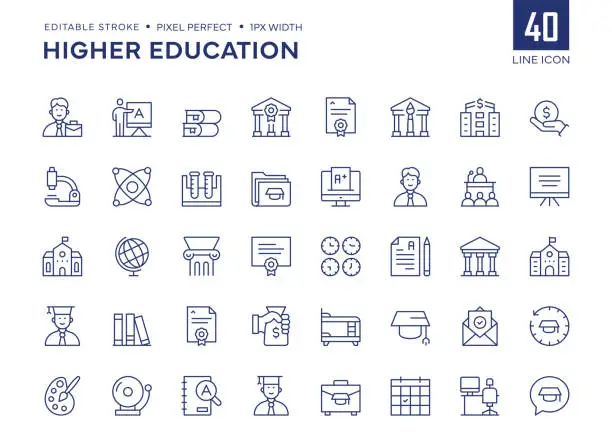 Vector illustration of Higher Education Line Icon Set contains University, Master Degree, Professor, Part Time Job, Student, Mortarboard, Graduation and so on icons.