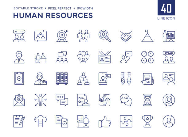 human resources line icon set enthält mentoring, rekrutierung, manager, arbeitsbedingungen, beförderung, teamarbeit, karriere, löhne und so weiter symbole. - leitende position stock-grafiken, -clipart, -cartoons und -symbole