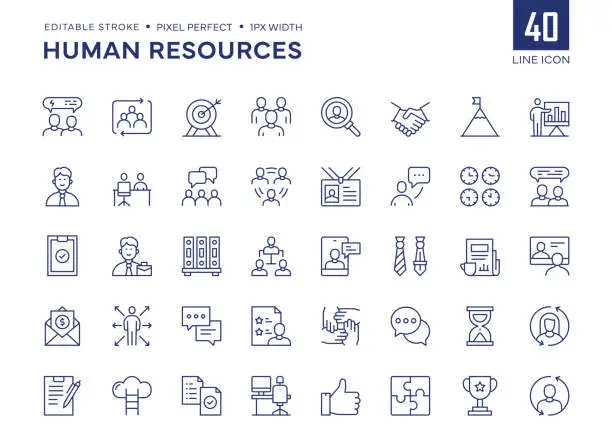 Vector illustration of Human Resources Line Icon Set contains Mentoring, Recruitment, Manager, Work Conditions, Promotion, Teamwork, Career, Wages and so on icons.